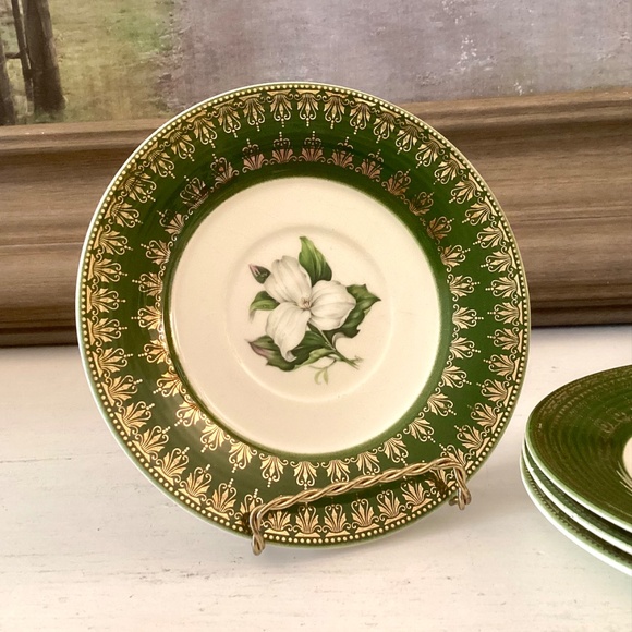 4 saucers American Limoges L'Triomphe Trillium Forest Green Dinnerware 22K Gold - Picture 4 of 9